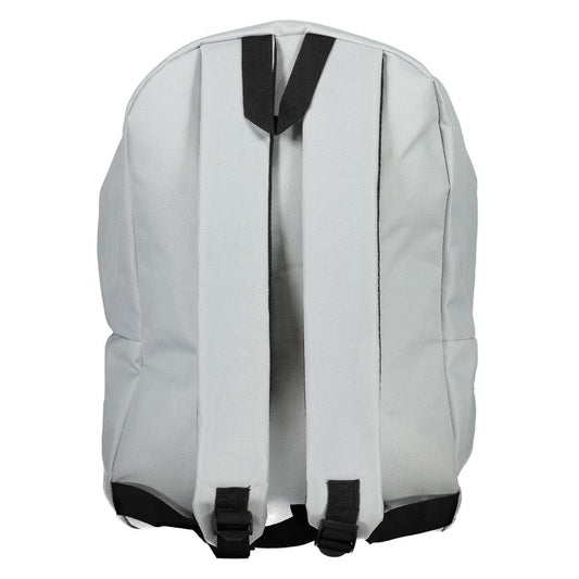 Alt Tag: White backpack with black adjustable straps, rear view, showcasing simple and sleek design for versatile use.