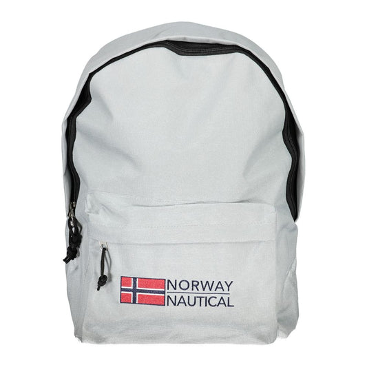 White backpack with 'Norway Nautical' text and red Norwegian flag design on the front pocket.