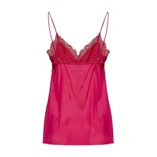Pinko Tremante fuchsia silk top with lace trim and adjustable straps, satin finish, fashion apparel for women.