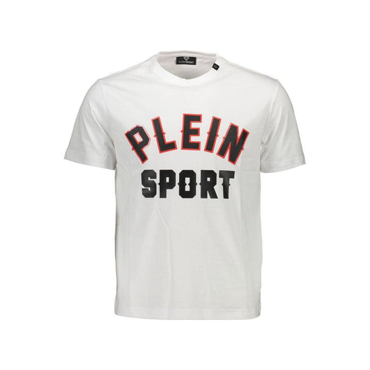 Plein Sport white cotton men’s t-shirt with bold logo, crew neck, and sporty stylish design. Perfect for casual fashion enthusiasts.
