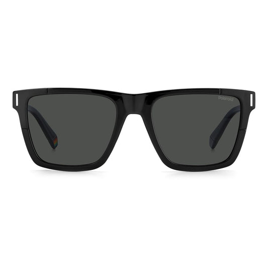 Polaroid black plastic sunglasses with polarized gray lenses, square mount, and metal rivets, size 54/19/145 mm.