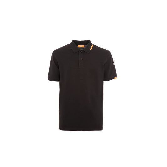 Suns black cotton polo shirt with ribbed collar, logo on left sleeve, and front button closure. Ideal for casual and formal wear.