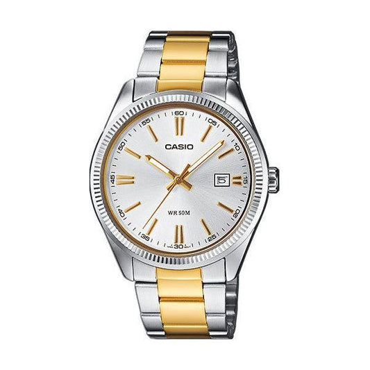 Alt Tag: CASIO COLLECTION Date Wristwatch, Steel & Gold, Champagne Dial, 5 ATM Water Resistant, Stainless Steel & Gold Strap, Quartz