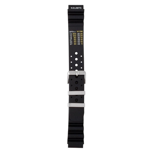 Black dive watch strap with depth gauge chart, durable rubber, adjustable buckle designed for underwater use and comfort.