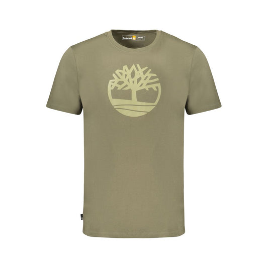 Timberland Green Cotton Men's T-Shirt with logo, short sleeves, crew neck, stylish print, and regular fit for comfort and durability.