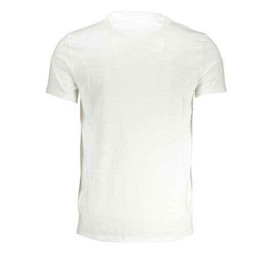Back view of a Timberland white cotton men's T-shirt, showcasing slim-fit and short sleeves with a classic crew neck design.