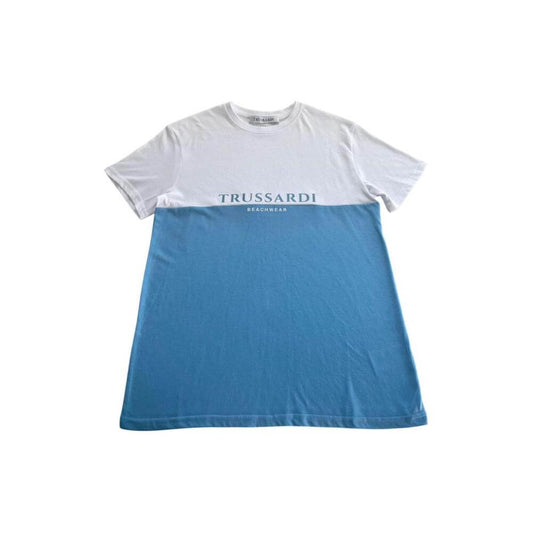 Trussardi Beachwear light blue two-tone cotton T-shirt with logo print, crew neck, and short sleeves for men.