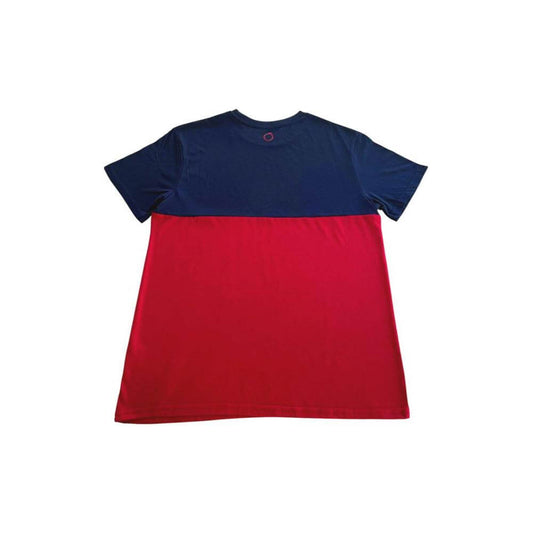 Trussardi Beachwear red and navy two-tone men's T-shirt, featuring a bold design for the fashion-forward individual.