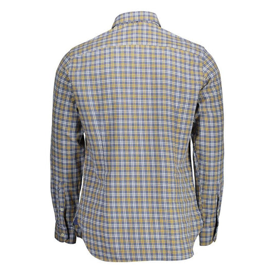 Back view of a long sleeve plaid men's shirt with a blue and yellow check pattern, featuring a button-down collar and button cuffs.