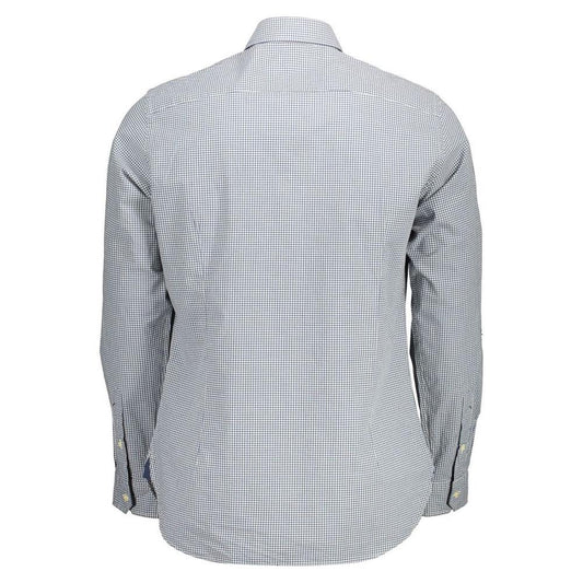 Back view of U.S. POLO ASSN. light blue cotton men's shirt with long sleeves and French collar.