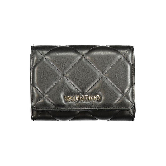 Valentino black polyethylene wallet with quilted design, three compartments, coin purse, card spaces, zip closure, and logo embossing.