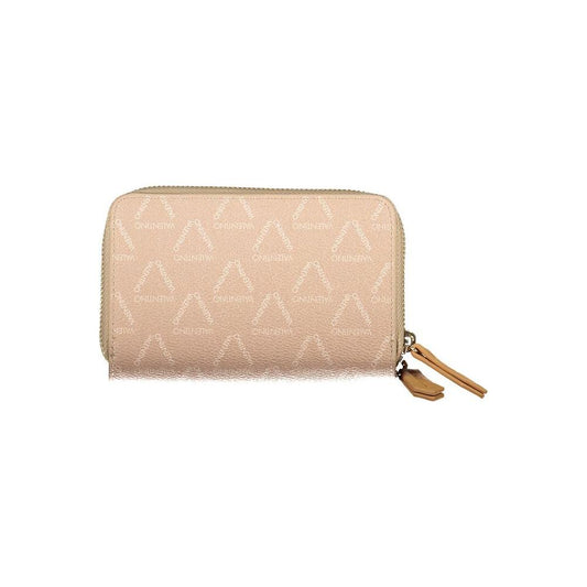 Beige Valentino Bags women's wallet with zip closure and logo design, featuring multiple compartments and a coin purse for organization.